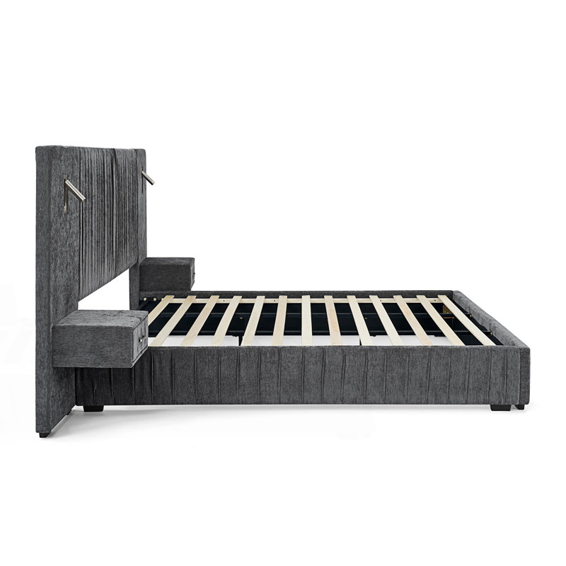 Très grande base de lit tapissier très grand avec motif plissé, table de chevet intégrée et lampe réglable, Gris foncé