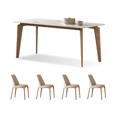 4 - Person White + Burlywood Rectangular Sintered Stone + Solid Wood Dining Table Set