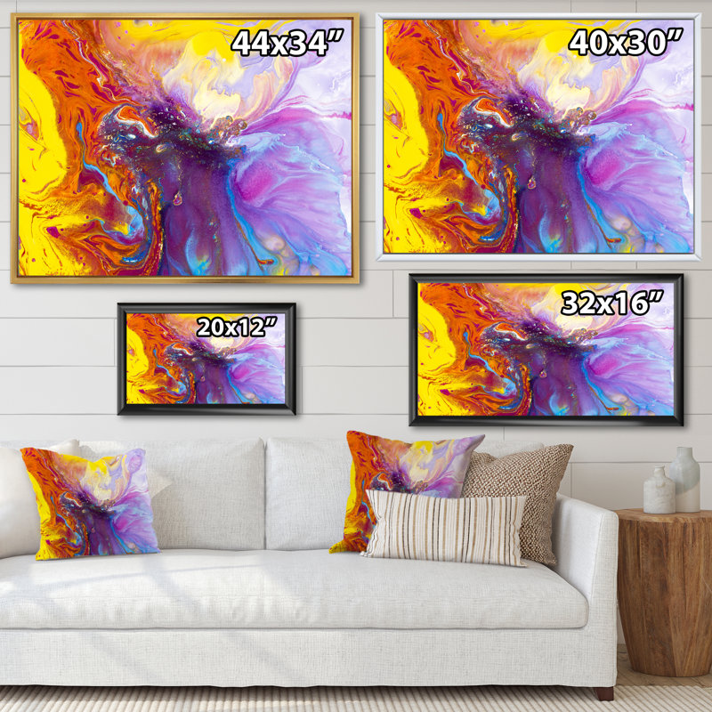 Mauve, orange et rose liquide I - Peinture sur toile, H 12 po x l 20 po x P 1 po, Cadre flottant noir