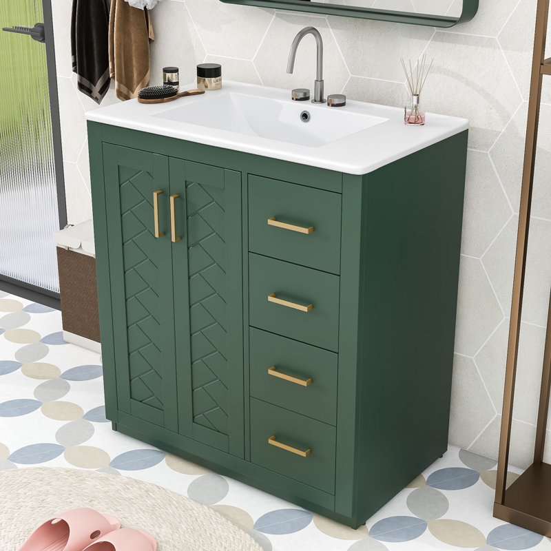 Meuble-lavabo simple en bois avec lavabo en céramique, armoire et tiroirs de rangement Whittier, Vert, Doré