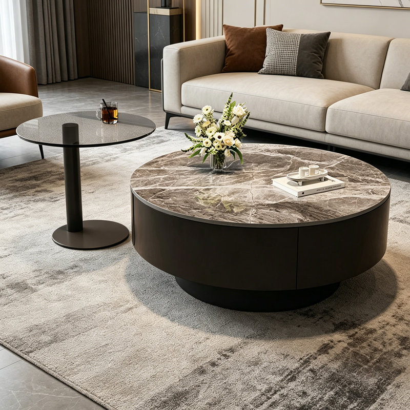 Table basse de luxe italienne Premium, H 13 po x l 31,49 po x l 31,49 po, Gris / Noir, Marbre