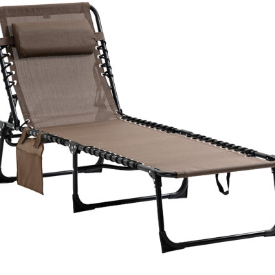 Adjustable Reclining Chaise Lounge Chair - Folding Camping Cot With Removable Pillow, Side Pocket For Patio, Garden, Beach, Brown Garden Sun Lounger Chair, Portable Cot. , Pillow Removable, Beach