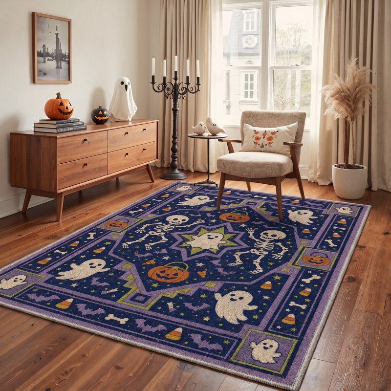 Tapis d'Halloween Spooky Icon, noir / orange, lavable à la machine, à poils courts, antidérapant, Runner 2' x 7'