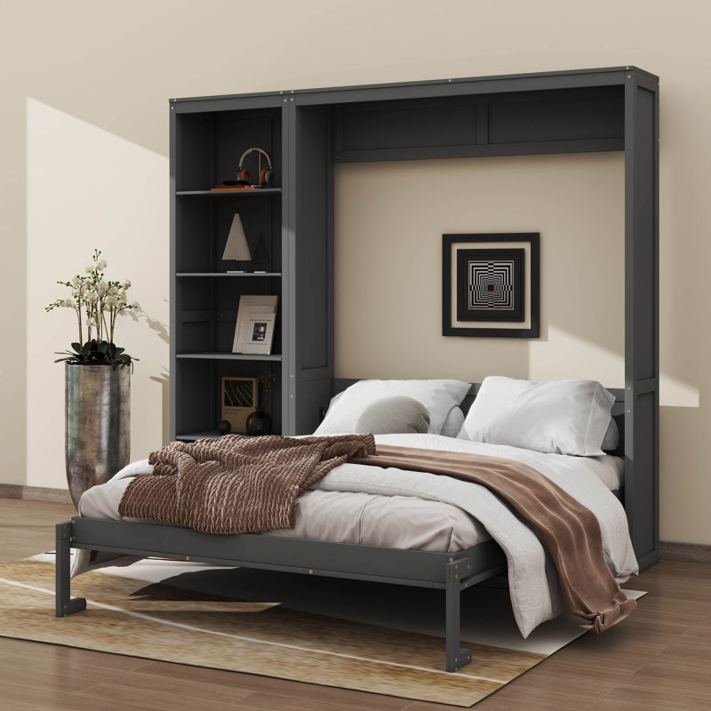 Lit escamotable mural polyvalent avec tablettes intégrées, Gris, Lit double