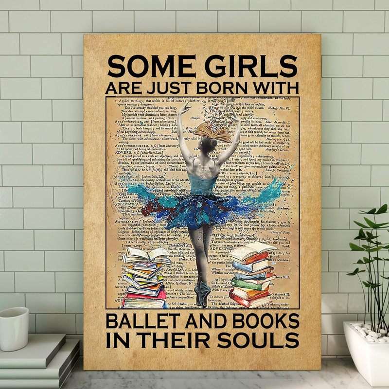 «Born with ballet and livres in souls», toile tendue pour la fille, bleu et beige, H 20 po x l 16 po x P 2 po