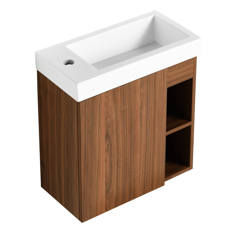 Meuble-lavabo de 20 po, lavabo en résine, porte à fermeture en douceur, design élégant, peu encombrant, pratique, meuble-lavabo de couleur noyer avec lavabo et look moderne, fixation murale, pratique,