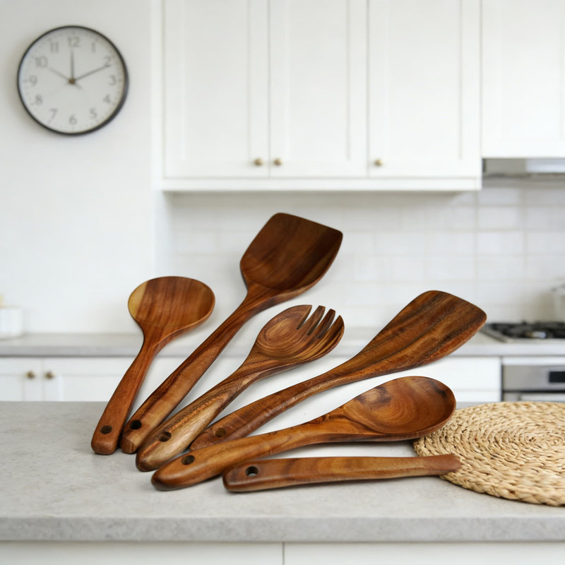 Ensemble d'ustensiles en bois de teck 7 pièces, cuillères et spatules de cuisine fabriquées à la main pour batterie de cuisine antiadhésive, résistant à la chaleur et durable pour un usage quotidien