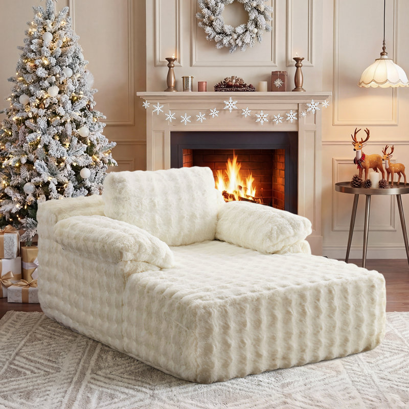 Boneless Velvet Oversized Chaise Lounge Sleeper Sofa, White