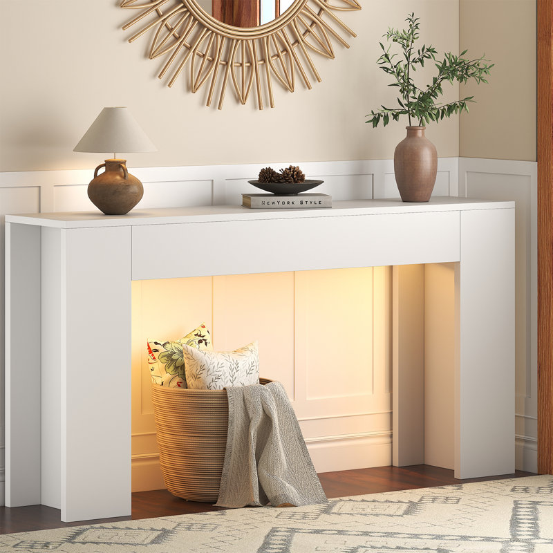 63-inch Long Console Table With Led Light, Farmhouse Sofa Table Behind Couch, Wooden Console Table For Entryway Hallway Entrance Living Room, White