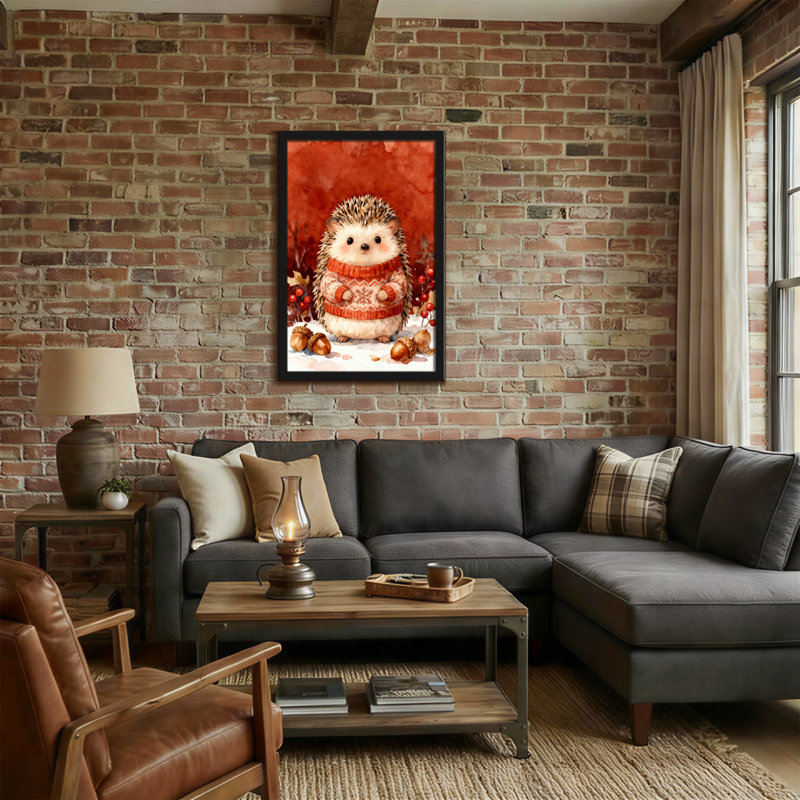 Christmas Hedgehog Wearing Sweater Autumn Acorns Berries Background