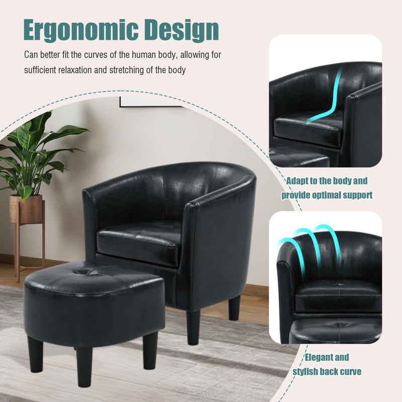 Fauteuil demi-tonneau avec repose-pieds en similicuir moderne noir, Noir