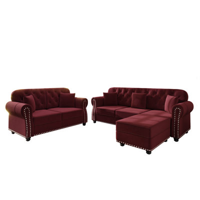 Luxury Burgundy Velvet Sofa with Nailhead Trim - Mid-Century Modern Chesterfield Couch with Rolled Arms & Ottoman for Living Room