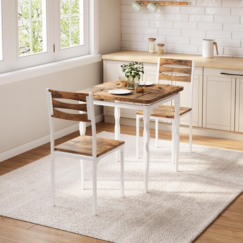 3-Piece Farmhouse Dining Table Set for 2, Compact Table & Chairs for Kitchen Apartment, White, Brown