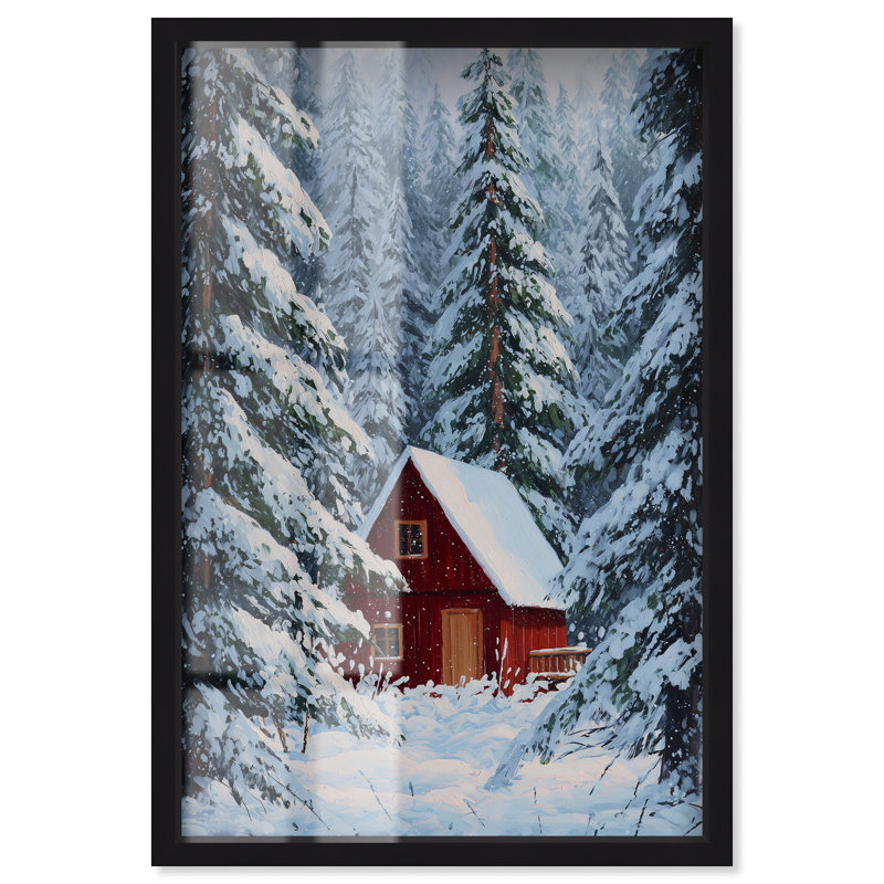 Décoration de Noël rouge Cabin dans la neige Shadowbox par Art Remedy, cadre noir, 11 x 16, H 55 po x l 37 po
