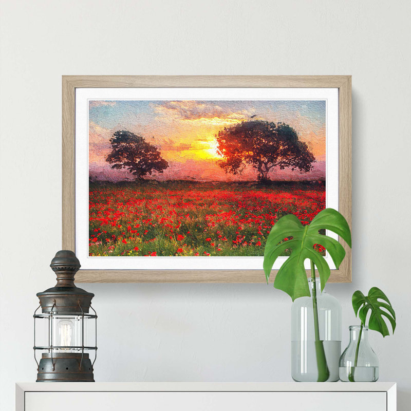 Poppy Meadow - Picture Frame Painting Print, 48cm H x 65cm W x 2cm D, Oak Framed