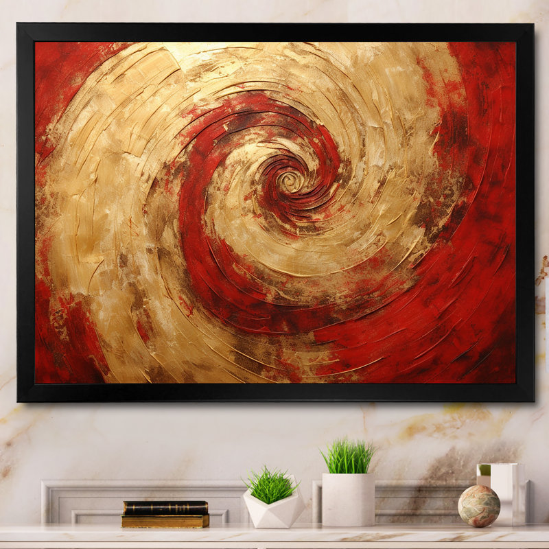 «Red Gold Fusion Spiral III», art mural abstrait en spirale pour le salon, H 12 po x l 20 po x P 1 po, Cadre flottant noir
