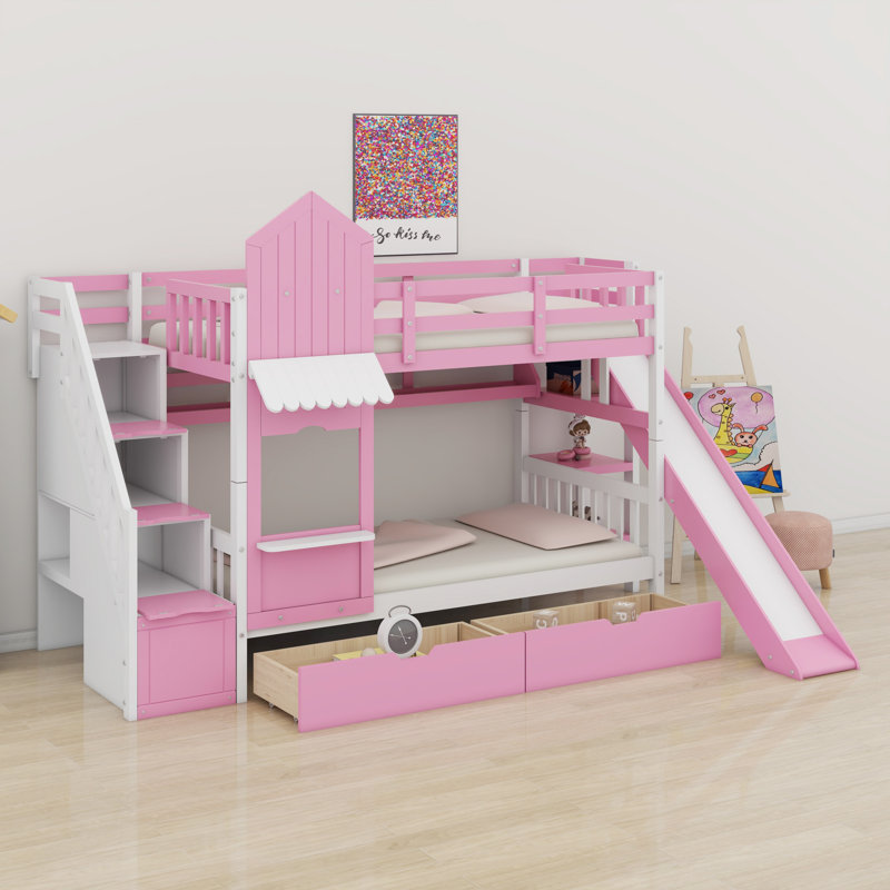 Lit superposé de style château avec 2 tiroirs, 3 tablettes et glissade, Rose