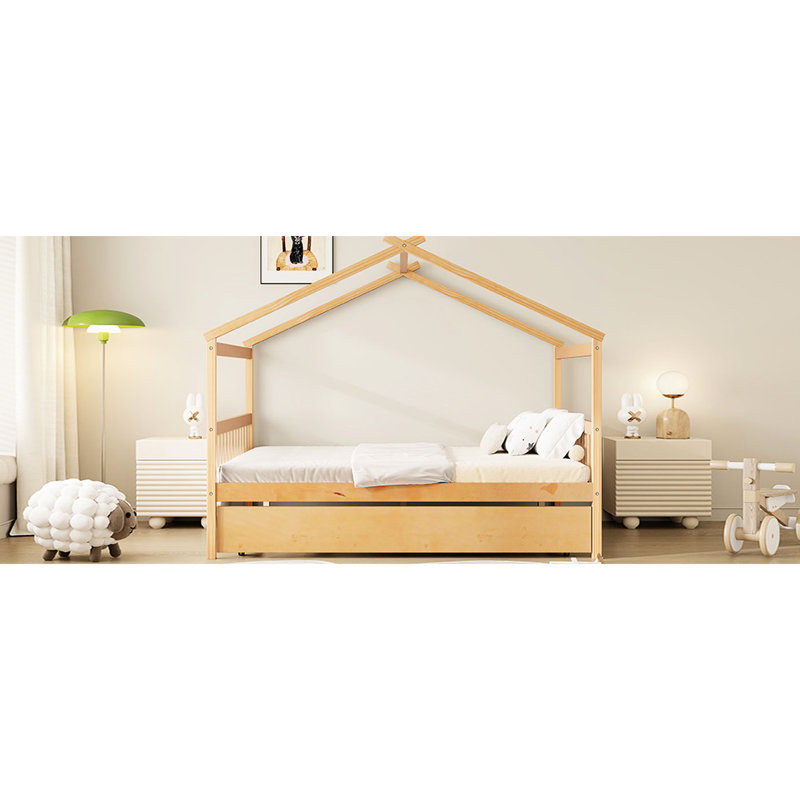 Lit simple gigogne double, lit en bois naturel, structure, lit confortable en bois avec lit gigogne, toit en bois de pin massif fantaisiste, zones de sommeil idéales