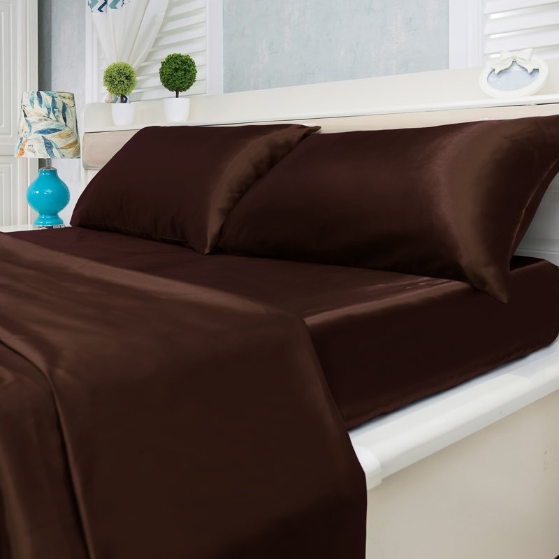  Ensemble de draps en satin 4 pièces Luxury & Soft, Ensemble de draps pour très grand lit avec 2 taie, Chocolat