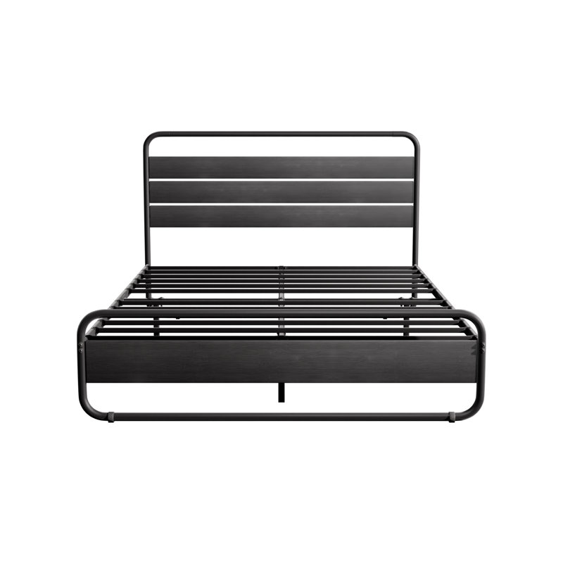 Sana Low Profile Metal Bed Frame with Wood Details, Black, Double (4'6)