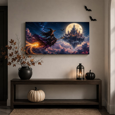 Sorcière volant sur balai devant un château flottant - Toile murale d'Halloween