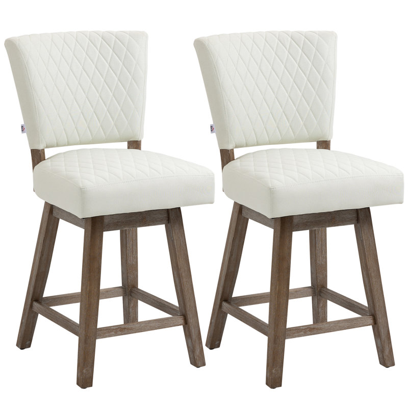 Gray Quilted Swivel Bar Stools with Rubberwood Legs, Set of 2