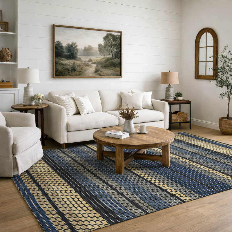 Premium Machine Washable Mayfield AMF2427 Striped Rug, Navy, 5' x 7'6"