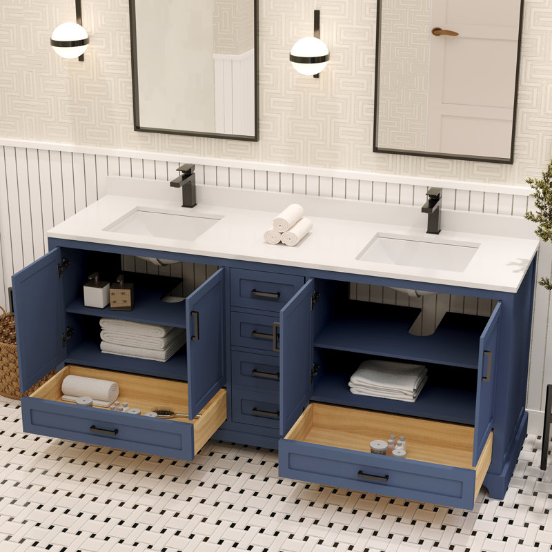 Meuble-lavabo double 72 po Maya avec comptoir en quartz blanc, Bleu, Noir mat