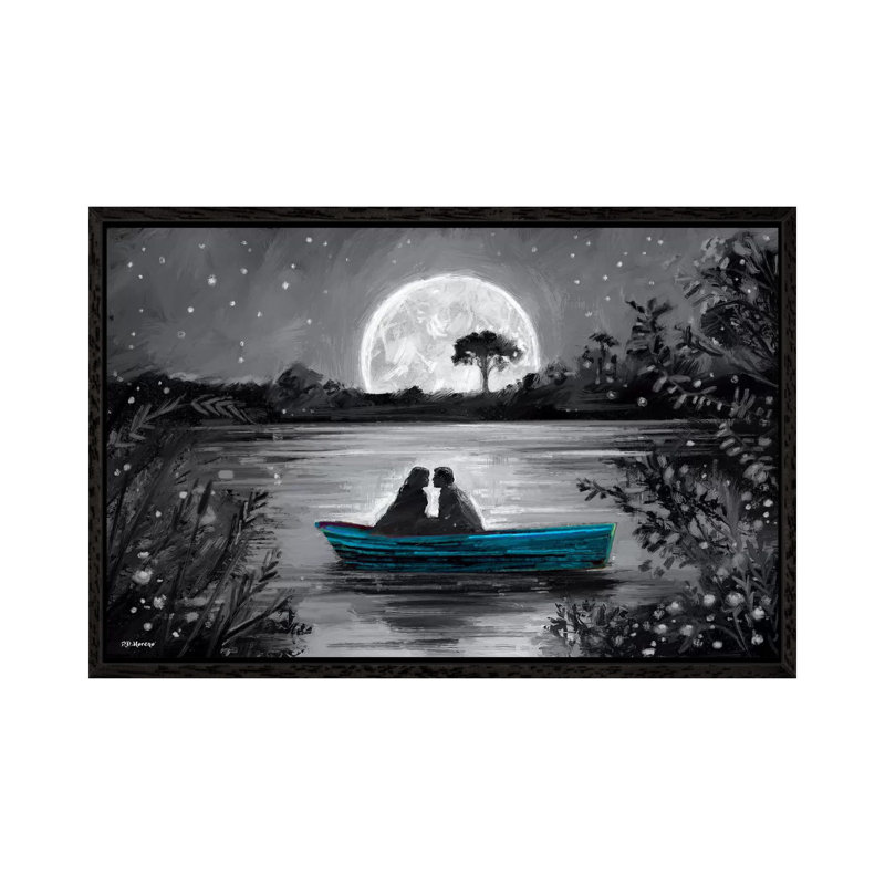 Love In Boat Blue by P.D. Moreno - Painting on Canvas, Black Floater Framed, 101.6cm H x 152.4cm W x 3.81cm D