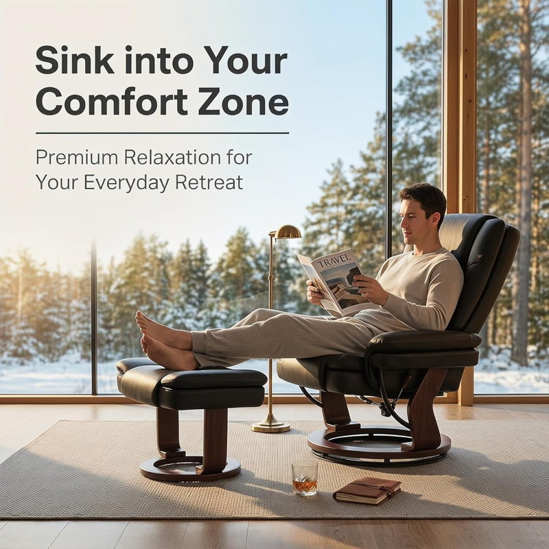 Fauteuil inclinable pivotant avec repose-pieds, fauteuil inclinable réglable en cuir synthétique avec base en bois, coussin rembourré épais