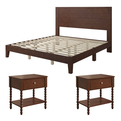 3 Piece Solid Wood Bedroom Set With Queen Size Bed Frame And 2 Turned Nightstands, Walnut