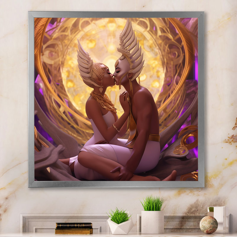 «Divine Love Goddess Couple Kissing», reproduction sur toile, Cadre simple argenté, H 36 po x l 36 po