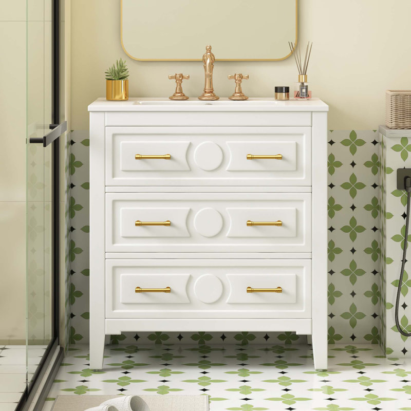 Meuble-lavabo 30 po avec lavabo en céramique, Blanc, Doré