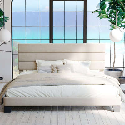 Lit plateforme Elison avec tête de lit tapissier en tissu et lattes en bois