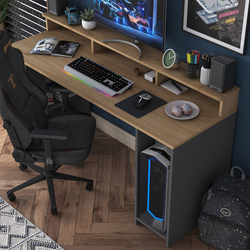 Modern Study Desk, Walnut & Anthracite, 63.0 x 35.2 x 21.7 inches | 100% Melamine Coated Particle Board, Thickness: 0.7 inches | Stylish & Functional Design for Home Office, Durable & Easy to Clean