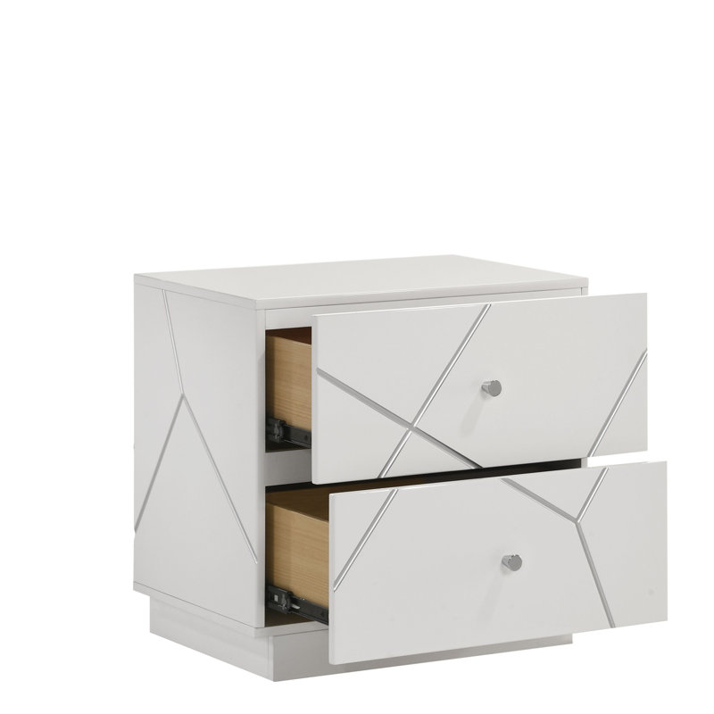 Table de chevet de conception géométrique moderne avec finition laquée et tiroirs doublés de velours pour les chambres contemporaines, une solution de rangement élégante