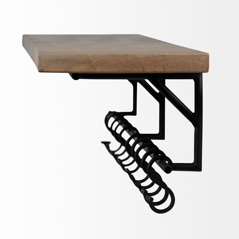 Étagère d’appoint en bois de manguier massif avec crochets Beauvoir, H 7 po x l 36 po x P 10 po
