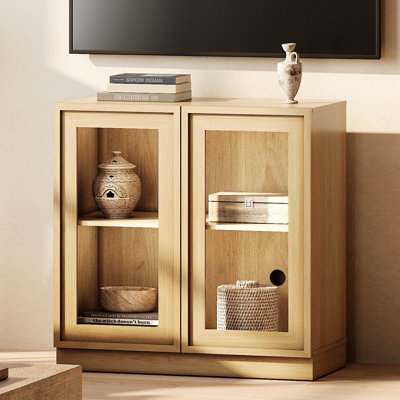 Modern TV Stand for TVs Up to 40", Wooden Entertainment Center TV Console with 2 Glass Doors and Adjustable Shelf, Media Console Cabinet for Living Room, Bedroom