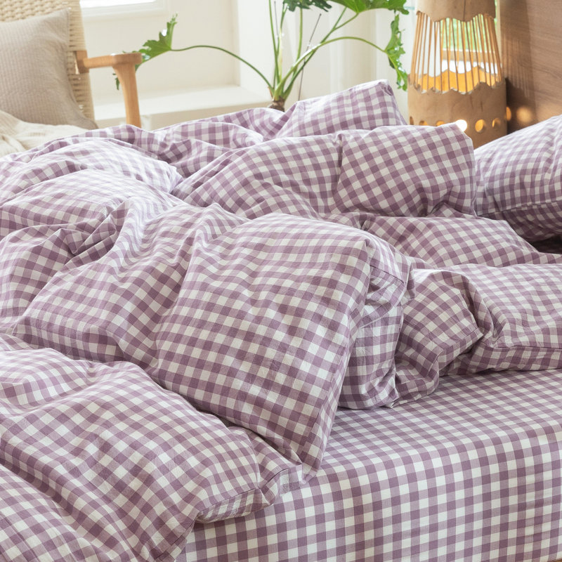 MooMee Gingham Duvet Cover Set 100% Washed Cotton Linen Like Lightweight, Queen Duvet Cover + 2 Standard Pillowcases