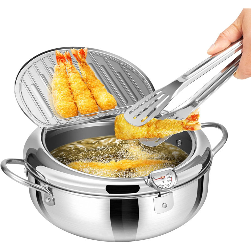 Friteuse en acier inoxydable avec pince, thermomètre, 4.2 quarts, 6.1" H x 11" W x 7.1" D