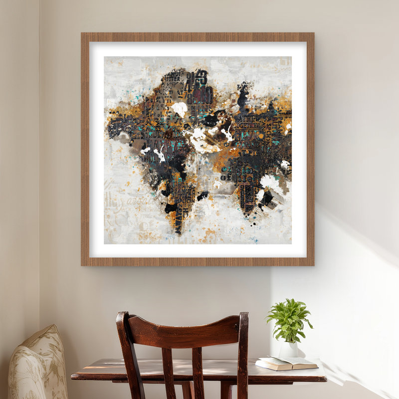 Abstract World Map with Typography - Framed Office Decor