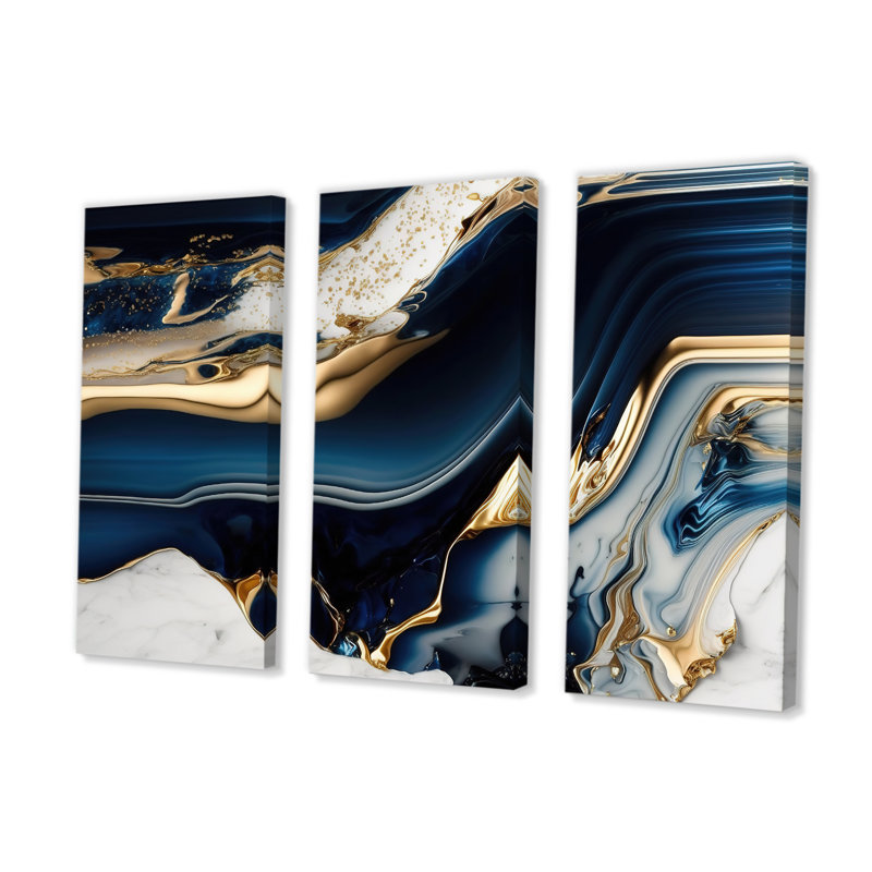 «Abstract Geode Waves Blue V», reproduction sur toile 3 pièces, H 32 po x l 48 po x P 1 po, Toile tendue