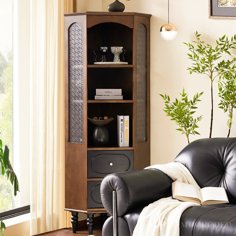 68.11"H Solid Wood Corner Cabinet, Retro Style, Glass Door Tall Storage Shelf