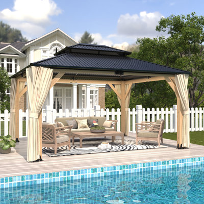 Wooden Patio Gazebo With Galvanized Steel Double Roof, Cedar Frame Pavilion For Garden, Lawn & Poolside (13x15ft)