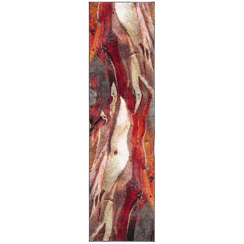 Tapis rouge / gris à motif abstrait Chaena, Tapis de couloir 2 pi 3 po x 18 pi