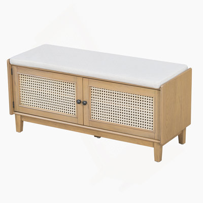 Boho Rattan Entryway Bench With Storage, Cushioned Shoe Bench With Double Doors, Wooden Shoe Organizer Bench For Entryway And Hallway (Brown+Beige )