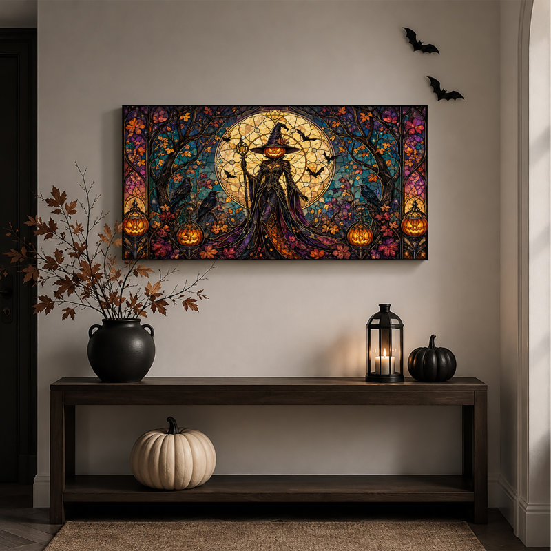 Vitrail Sorcière à tête de citrouille en automne, toile murale d'Halloween, L 40 po x H 20 po