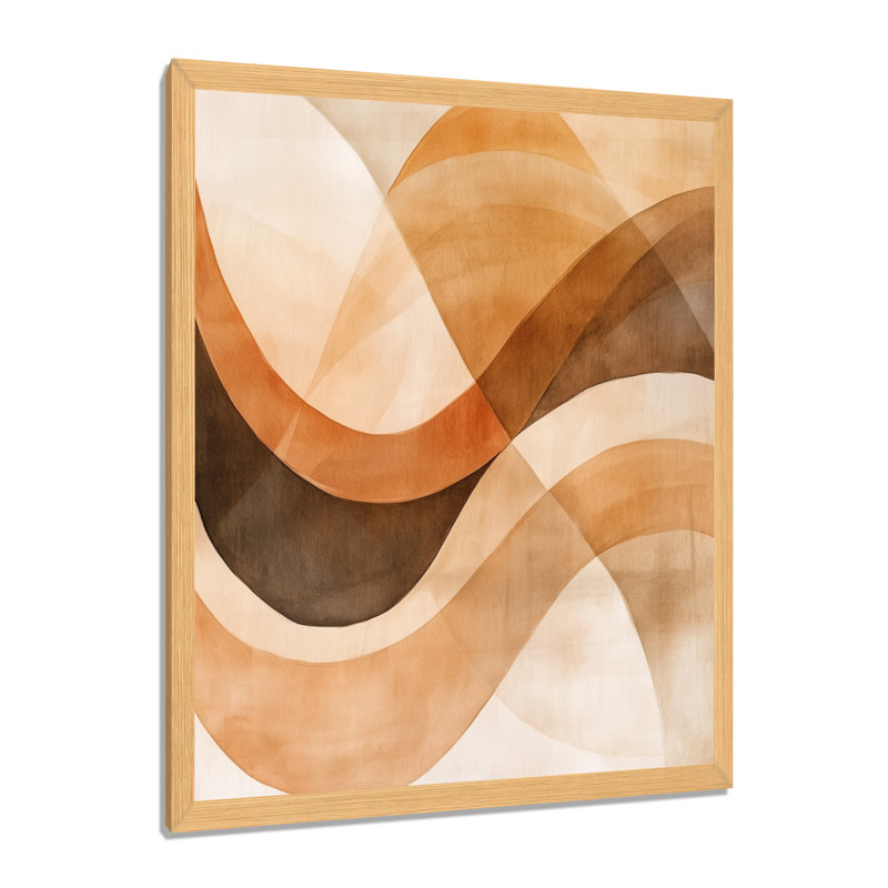 Composition en arc IV - Formes abstraites - Tableau encadré aux tons terreux brun-orange, H 32 po x l 24 po, Cadre naturel