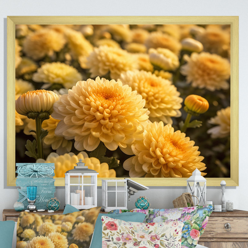 «Yellow Chrysanthemums Field» sur impression sur toile, H 24 po x l 32 po x P 1 po, Cadre doré à une seule photo