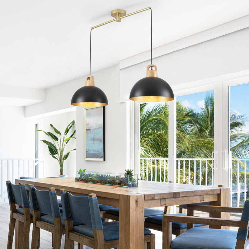 2 - Light 11.8" Dimmable Modern Industrial Metal Dome Pendant Light, Black/Gold